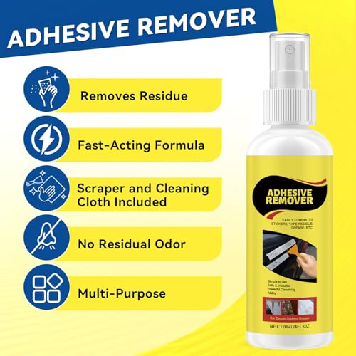 LBOYLOVE® Sticky Stuff Remover Spray, Sticker and Adhesive Remover Kit with Plastic Scraper and Cloth, for Tape, Sticker Residue, Tar, Grease, Chewing Gum, Wax, Wet Paint, Crayon, Floor and More