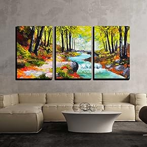 Landscape Oil Painting River in Autumn Forest x3 Panels