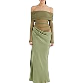 Lingt Chic Women's Sheer Mesh Off Shoulder Maxi Dress Y2K Bodycon Gown for Club Party Wedding Evening Outfits