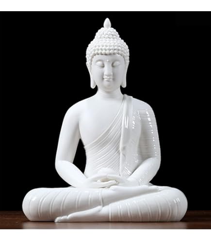 Houlu 12 in White Buddha Statue and 15.74 in LED Circle Table Lamp