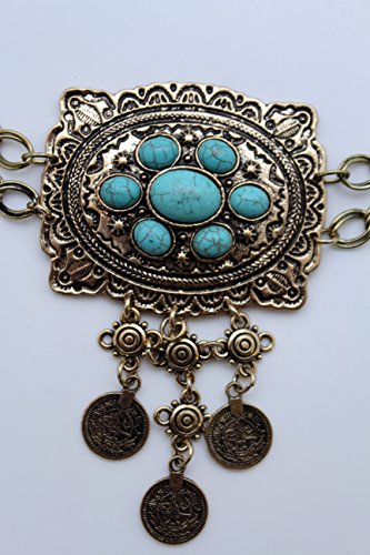 TFJ Women Fashion Metal Chain Belt Hip Waist Turquoise Blue Coins Gold Plus M L XL