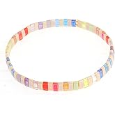 Agriajun Tila Flat Beaded Stretch Bracelets for Women, Trendy Unique Handmade Stackable Green Blue Square Beads Miyuk Link Bracelet Summer Jewelry Gift