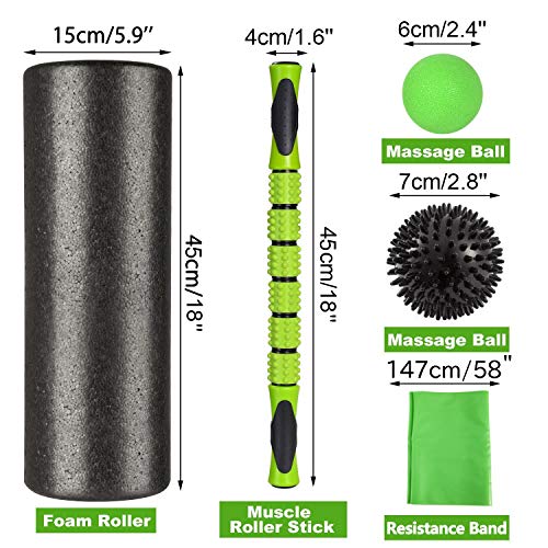 6 in 1 Premium Massage Foam Roller Kit 18" Large Foam Roller with Muscle Roller Stick 2 Massage Balls & 1 Resistance Band for Physical Therapy Injury Prevention Stretching Yoga & Trigger Point