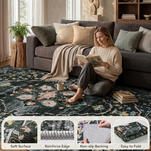 Retro Rugs for Living Room Area Rug-Carpet 5x7 Vintage Living Room Rugs for Bedrooms Dining Office Room Black