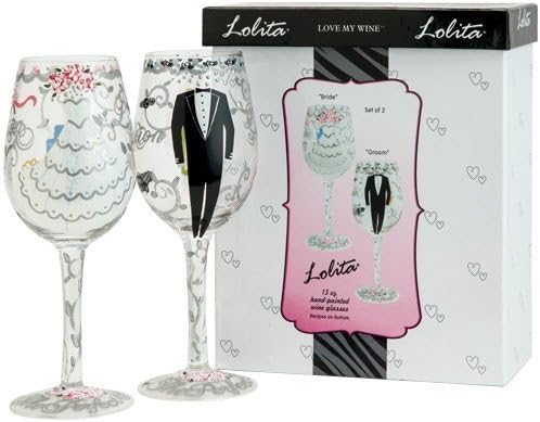 Lolita Bride and Groom Artisan Hand-Painted Wine Glass Boxed Gift Set