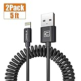 Coiled Lightning Cable, CAFELE 2 Pack Retractable USB Cable iPhone Powerline Portable Flexible Data Sync Charge Cable Charging Cord Car Charger for Apple iPhone X 8 7 6 6s Plus iPad - Black, 5ft