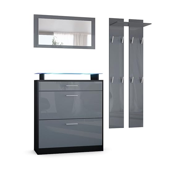 Vladon Garderobenset Garderobe Loret Mini, Korpus in Schwarz matt/Front in Grau Hochglanz
