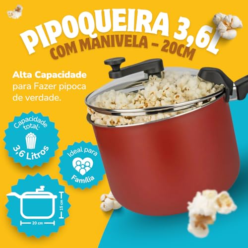 Pipoqueira Antiaderente 3,6 Litros Panela De Pipoca 20cm Alumínio Com Tampa de Vidro e Saída de Vapor para Fogão a Gás e Elétrico Modelo Grande
