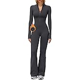 AEEZO Womens Fleece Lined Workout Flared Jumpsuits Zip Up Thermal Yoga Rompers Sexy Wide Leg One Piece Bodysuit