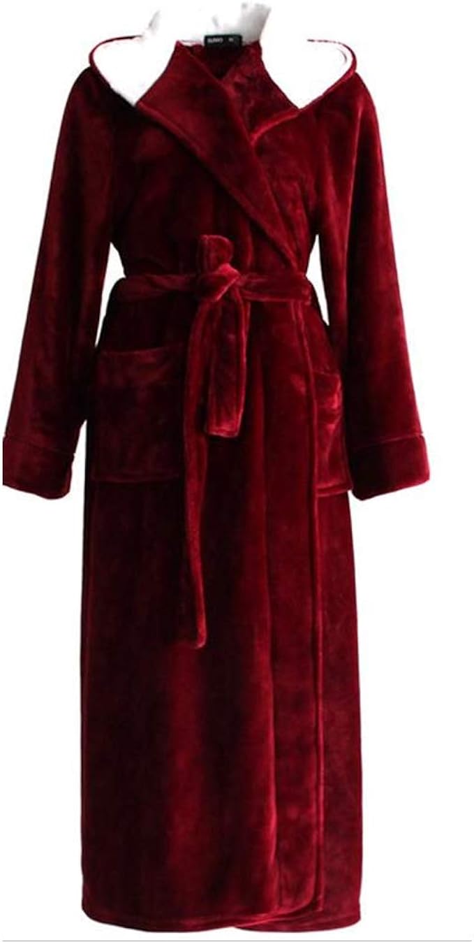 Women's Robe With Hood, Warm Solid Bathrobe，Soft Fleece Plush Robe Full