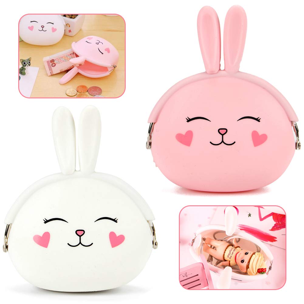 Silicone Purse,BESTZY 2 Pcs Bunny Coin Purse Silicone Coin Wallet Waterproof for Girls Party Birthday Gift (Pink,White)