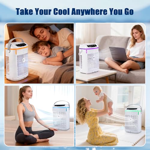 4 in 1 Mobile Air Conditioner with Remote Control, 1/2/4H Timer, 3 Speed, 3 Mist Modes, 1000ml Tank, 7 Color LEDs, Touch Screen, Personal Fan Mist for Home Office