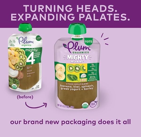 PLUM ORGANICS MIGHTY MORNING ORGANIC TODDLER FOOD – BANANA, KIWI, SPINACH, GREEK YOGURT, AND BARLEY – 4 OZ POUCH (PACK OF 6) – ORGANIC FRUIT AND VEGETABLE TODDLER FOOD POUCH