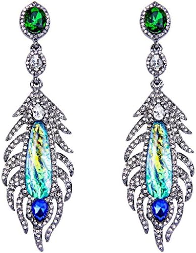 JoinMe Women's Gorgeous Peacock Plume Crystal Beaded Chandelier Dangle Pierced Earrings Green