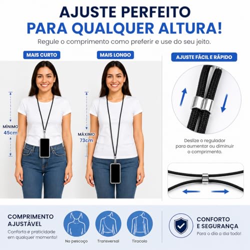 Cordão Corda Alça De Pescoço Para Celular Ajustável Universal Salva Celular Nylon Resistente Mosquetão Premium Transversal Tiracolo Crossbody Compatível Com Capinha Smartphone Chaveiro
