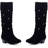 MIOKE Women's Fashion Slouch Mid Calf Riding Boots With Rhinestone Round Toe Suede Cozy Low Heel Dress Boots