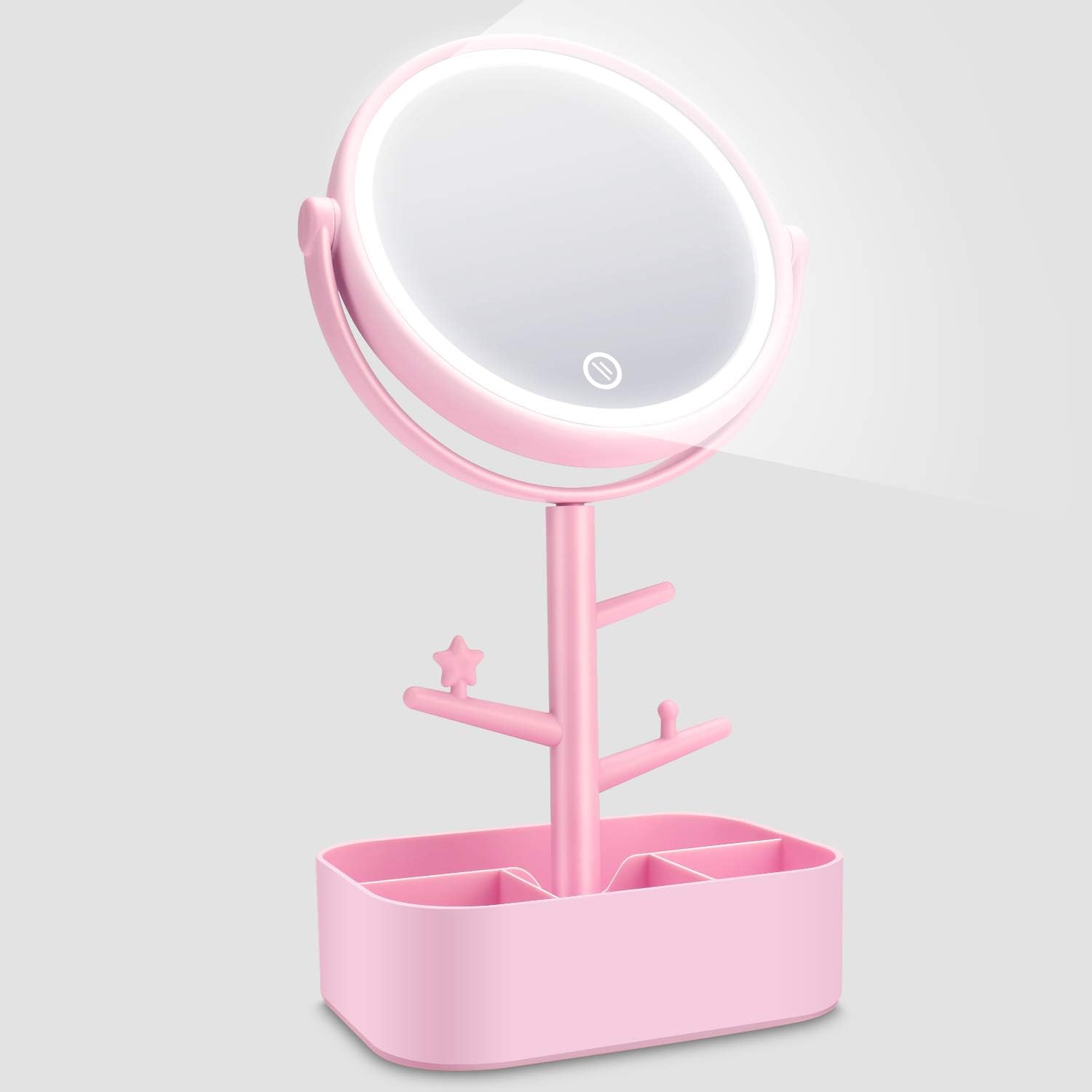 Kasimir LED Illuminated Cosmetic Makeup Mirror Lighted Vanity Mirrors Dimming Portable Organizer Touch Screen and 360° Rotation For Tabletop Shaving Bathroom and Travel Battery/Cable Powered - Pink