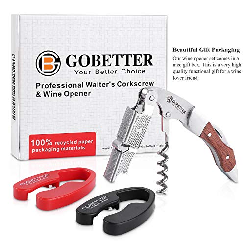 GoBetter Wine Opener with 2 Separate Wine Foil Cutters (Black & Red), Professional Waiter's Corkscrew, Beer and Soda Bottle Opener Functional Gift for Wine Lovers (Natural Rosewood)