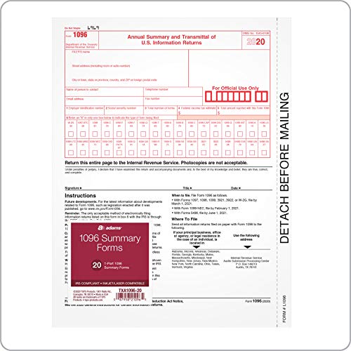 Adams 1096 Forms 2020, Summary Forms for IRS Information Returns, 1