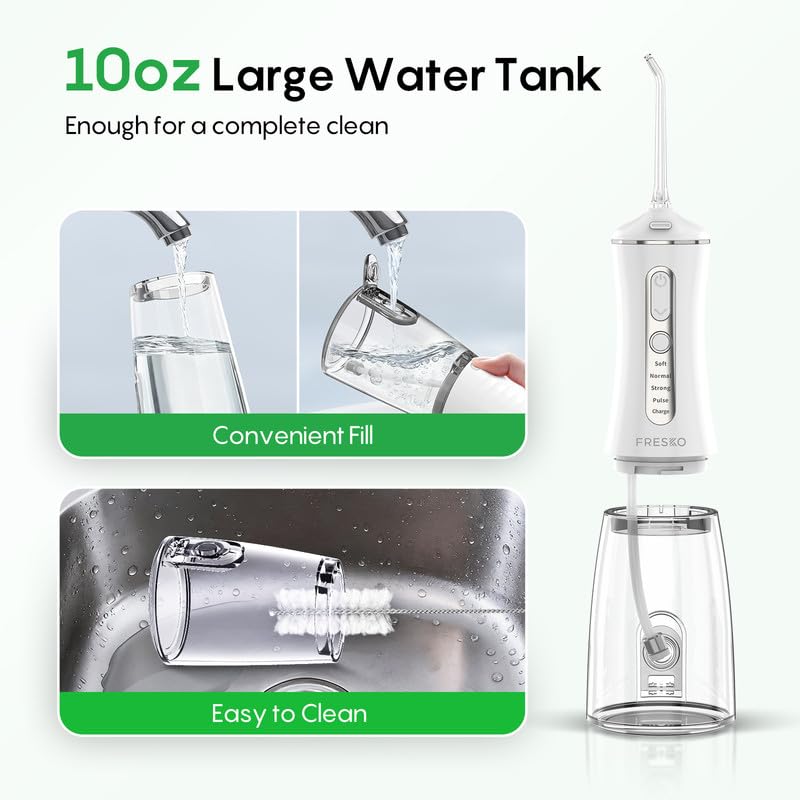 FRESKO Water Dental Flosser, 50-Day Battery Life Oral Irrigator with Constant Pressure, 300ML Water Flosser for Teeth with 5 Nozzles, IPX7 Waterproof, Ideal for Braces and Sensitive Gums