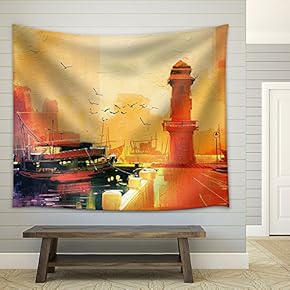 Lighthouse and Fishing Boat at Sunset,Oil Painting Style - Fabric Wall Tapestry Home Decor - 51x60 inches