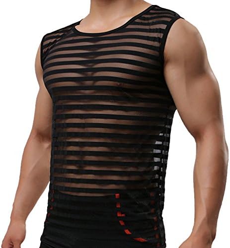 Topjack Mens Sexy Fitted Muscle Fishnet Vest Tank Top Training Mesh See Through Striped Shirt (M,Black)