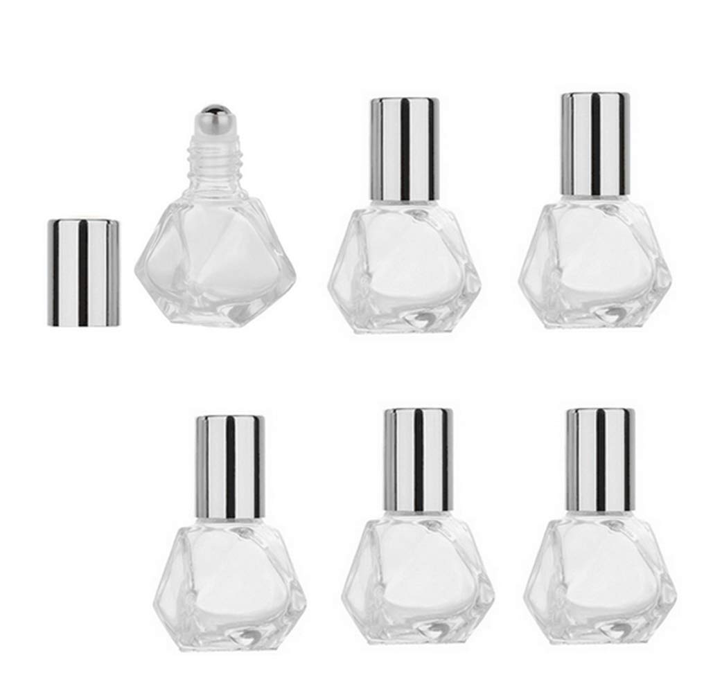 6Pcs 8ml/0.27oz Shaped Glass Clear Roller Bottles DIY Empty Essential Oil Roll-On Bottle With Steel Roller Ball Polygonal Cosmetic Containers Vials for Essential Oil Perfumes Aromatherapy (Silver Cap)