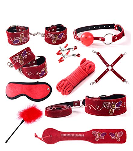 LI Yuan Sex Bondage Restraint Kit Games Erotic Accessories for Couples Fetish BDSM Mask Collar Mouth Gag Handcuffs Sex Toys,Red