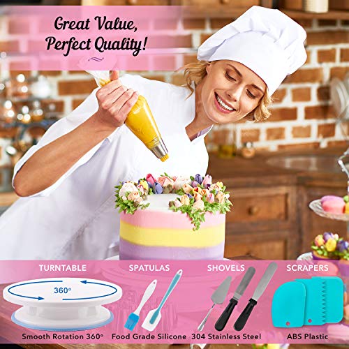 Cake Decorating Kit - 140-Piece Baking Supplies Set with 151 Bonuses, 291 Total - Bakeware Set with Turntable, Spatula, Russian Piping Tips Nozzles, Pastry Bags, Couplers, Scrapers - Great Gift Idea