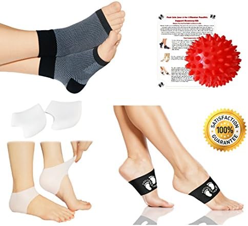 New Plantar Fasciitis Pain Relief Recovery 4-in-1 bundle, Compresson Sleeves, Copper Arch Compression Braces, Silicone Heel Protectors, Massage Ball, - Increases circulation, Heal Spurs, Night Splints