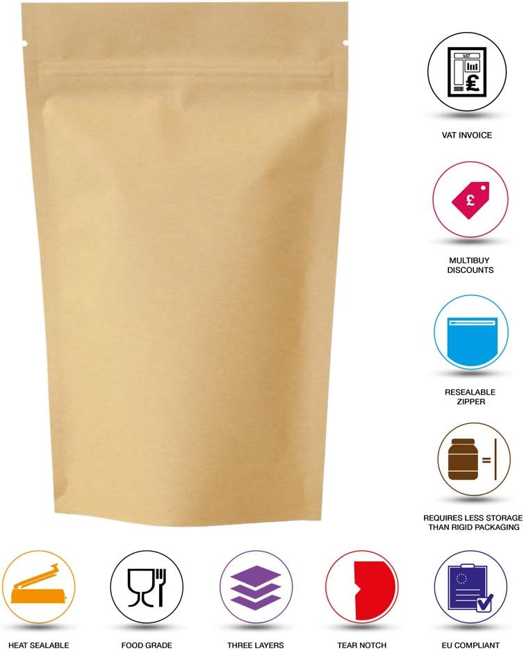 Rightpak Kraft Paper Stand Up Pouches with Resealable Zipper and Tear Notch for Food Packaging (50, 11cm x 17cm)