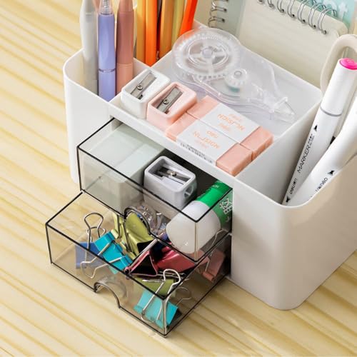 Rantuia Porta Lapices de Escritorio, con 5 Particiones y 2 Cajones Transparentes, Organizador de Escritorio Universal, Cajón Transparente para Fácil Acceso. (Blanco)