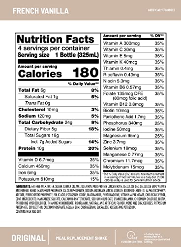 SLIMFAST MEAL REPLACEMENT SHAKE, ORIGINAL FRENCH VANILLA, 10G OF READY TO DRINK PROTEIN FOR WEIGHT LOSS, 11 FL. OZ BOTTLE, 4 COUNT (PACKAGING MAY VARY)