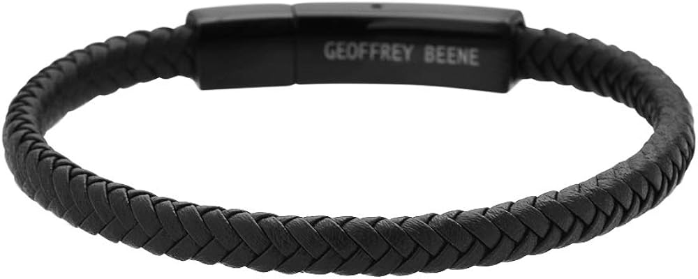 Geoffrey Beene Men's Braided Genuine Leather Fashion Bangle Bracelet with Stainless Steel Clasp (Black): Clothing