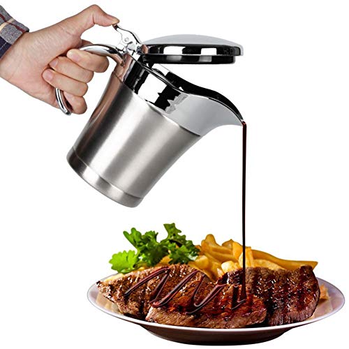 500ml Stainless Steel Sauce Jug Double Insulated Thermal Gravy Boat Sauce Vinegar Lid Jug Liquid Container for Gravy, Sauces, Custard and Much More(silver)