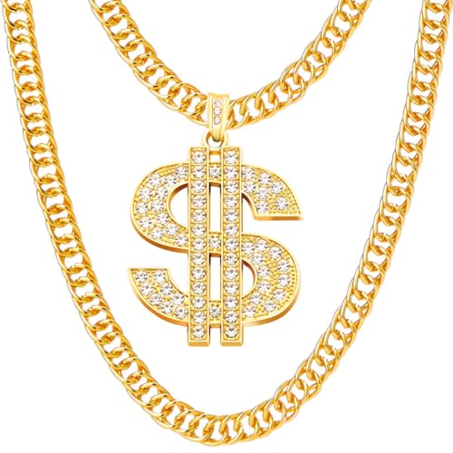 Spooktacular Creations Halloween Gold Dollar Chains Necklaces, Money Pendant Chain Hip Hop Dollar Sign Necklace Jewelry Accessory for Men Women Halloween Dress Up Party