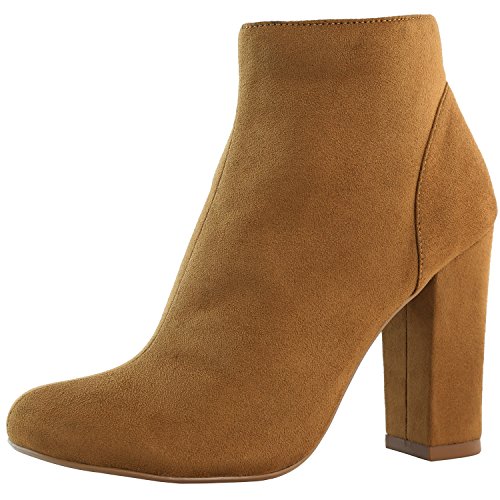 DailyShoes Women s High Heel Boots Round Toe Ankle Cowboy Bootie Perfect For Casual Day or Night Wear, Tan SV, 8 B(M) US