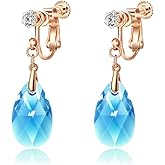 Teardrop Austrian Crystal Drop Clip On Dangle Earrings for Women Non Pierced 14K Rose Gold Plated Hypoallergenic Jewelry