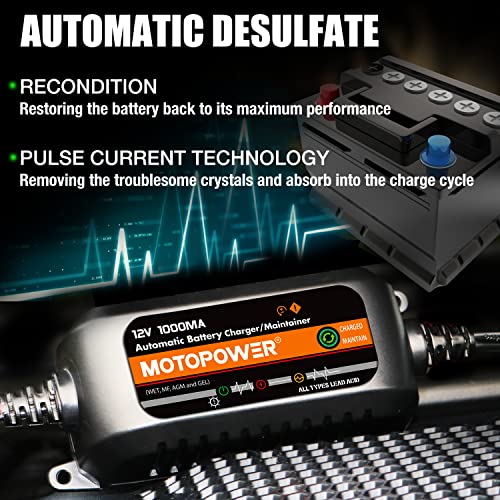 MOTOPOWER MP00205B 12V 1000mA Fully Automatic Battery Charger/Maintainer - Black