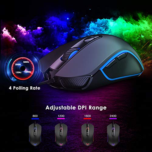 PICTEK Backlit Keyboard and Mouse Combo, LED Wired Gaming Keyboard, Ergonomic Keyboard, Wrist Rest Keyboard with Efficient Multimedia Keys, Programmable Gaming Mouse for Mac, PC, Laptop Gamers - Black