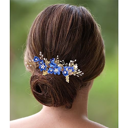 4 PCS Flower Hair Comb Summer Flower Girl Hair Pin Yellow Gold Metal Leaves Bride Bridesmaids Birthday Prom Party Hair Piece Accessory, Heaspiece Set (Something Blue)