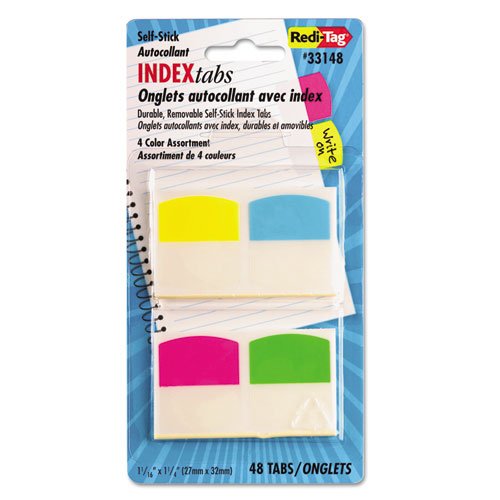 Redi-Tag 33148 Write-On Self-Stick Index Tabs 1 1/16 Inch 4 Colors 48/Pack