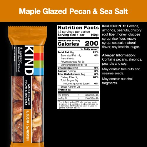 KIND NUT BARS, MAPLE GLAZED PECAN & SEA SALT, HEALTHY SNACKS, GLUTEN FREE, LOW SUGAR, 5G PROTEIN, 12 COUNT