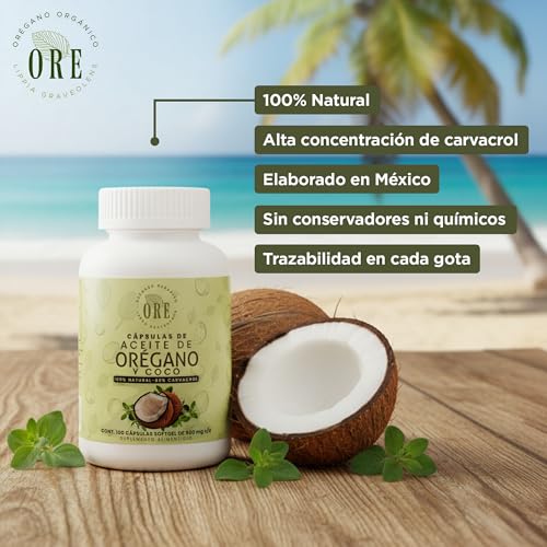 ORE Aceite de Orégano y Coco, 100 Cápsulas Softgel, 500 mg, Suplemento Natural, Orgánico, Aceite de Orégano con 80% Carvacrol y Aceite de Coco