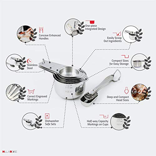 Measuring Cups and Spoons by NILLAROSE - Set of 12 Food Grade Stainless Steel Utensils for Healthy Cooking and Baking- Stackable for Easy Storage -Includes Metal Magnetic Conversion Chart -Great Gift