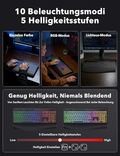 Keyboard Mouse Set Wireless Illuminated Rechargeable Keyboard with 4000 mAh Battery, Phone Holder, Quiet Full Size Typing, 3 DPI Mouse, 2.4GHz USB-A/USB-C for Chrome OS/Window/PC KM22 Ultra