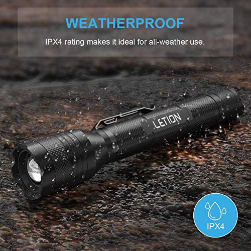 LETION LED Torch Rechargeable LED Torch Super Bright 1500 Lumen,with 2×18650 Rechargeable Battery,Tactical Flashlight with USB Charger,5 Modes Zoomable,IPX4 Waterproof Torch for Outdoors and Indoors.
