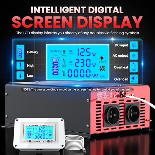 4000W DC 12V to AC 230V Car Power Inverter with 2 AC Outputs, 30W Type-C Port, 3.1A USB Port and LCD Display Remote Control Truck Power Converter