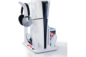 APTGAME Cooling Stand for PS5 Slim Console, Dual Controller Charger, PS5 Slim Accessory with 7 RGB Lights, 3-Stage Cooling Fan, Headphone Stand (Only for PlayStation 5 Slim Digital/Disc Edition)