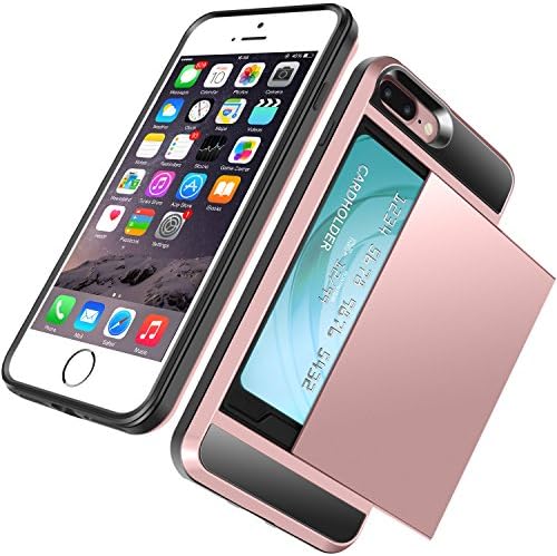 iPhone 7 Plus Case, Dual Layer Wallet Case Soft TPU Bumper Hard PC Case Shockproof Scratch Resistant Protection Case Cover Shell with Card Slot Holder for Apple iPhone 7 Plus &amp; 8 Plus (Rose Gold)